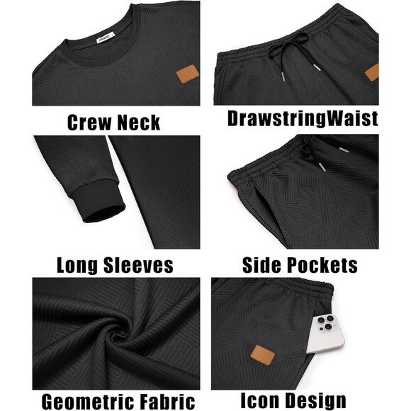 Men's 2 Piece Sweat suit Jogging Suit Sets Long Sleeve Jacquard Shirt Black - Picture 6 of 8